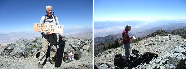 Steve on top holding the telescope and sign, Dee reading the climbers' logs on top Retirement Adventures